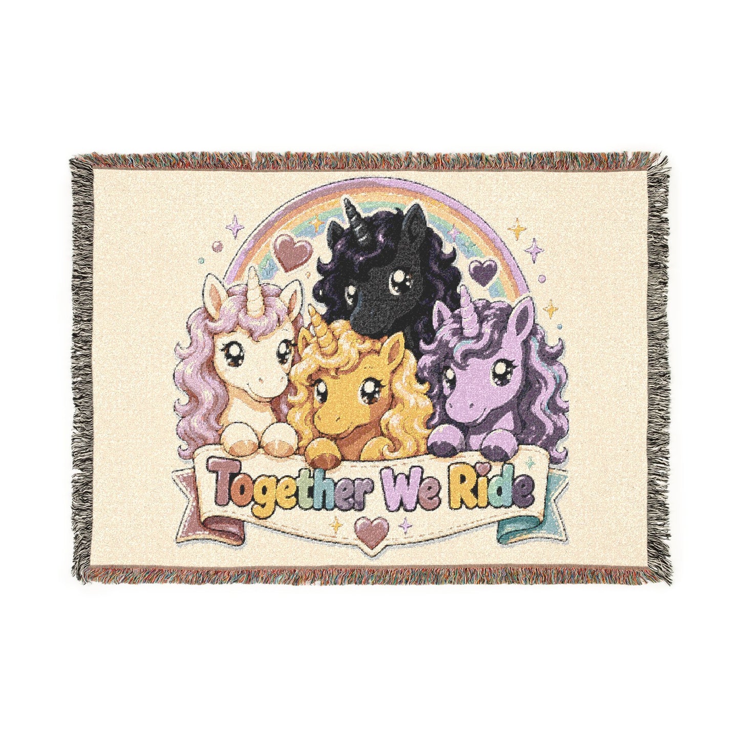Together we Ride Magical Unicorn Crew 100% Cotton Woven Throw Blanket Original Artwork Heirloom Keepsake 52 × 37 Fringe unicorns4everyone