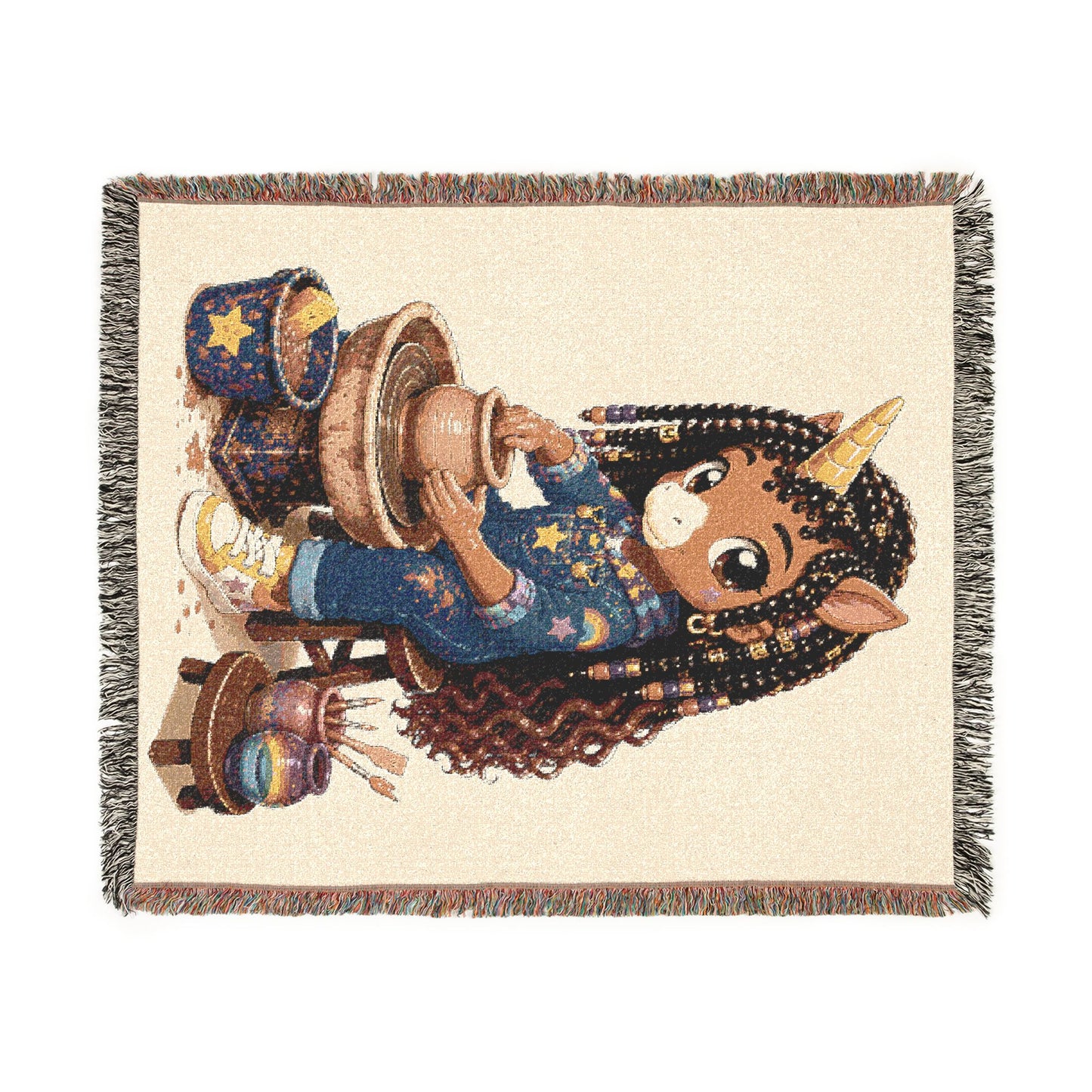 Crafting Chloe and the Rainbow Clay Pot 100% Cotton Woven Throw Blanket Original Artwork Heirloom Keepsake Unicorns4everyone
