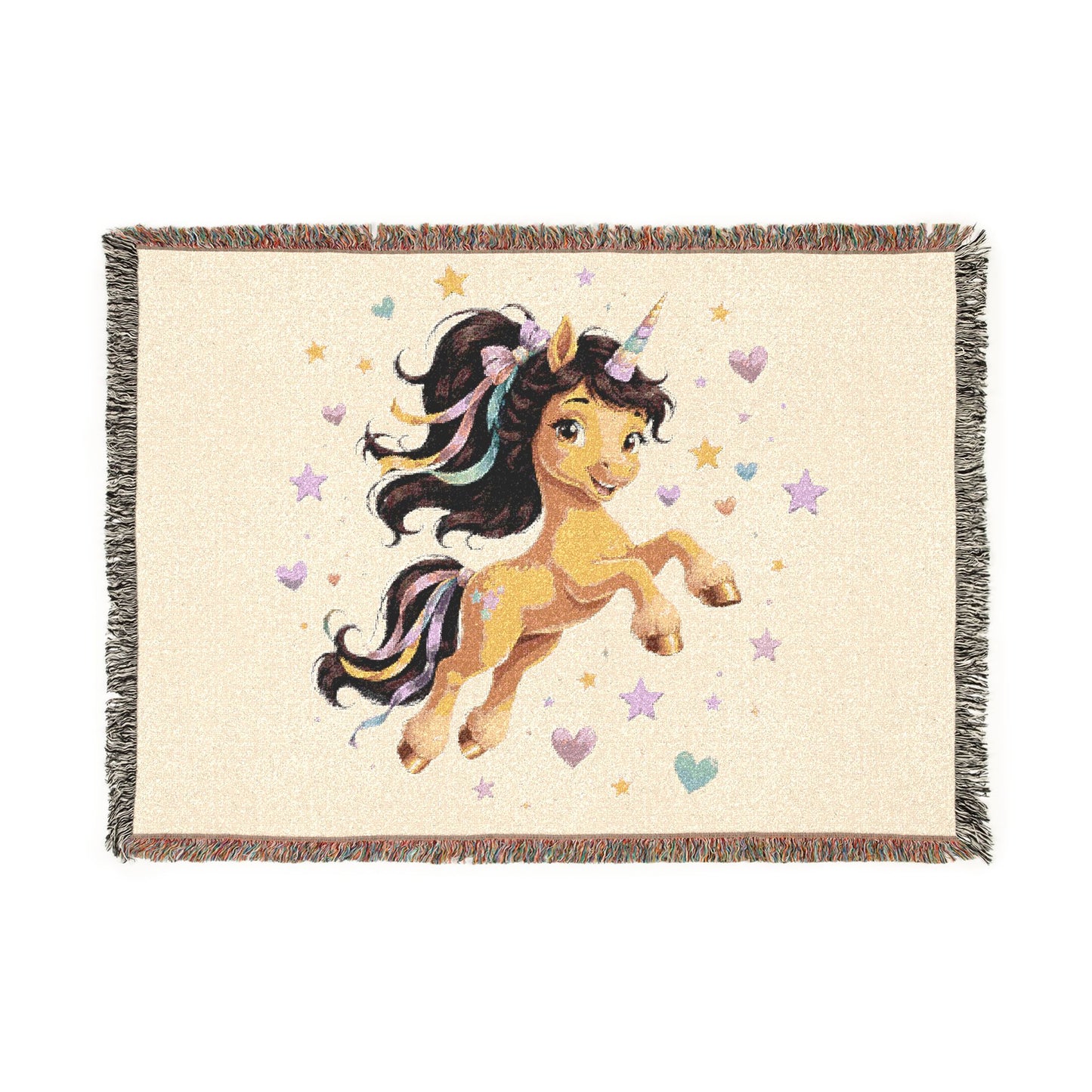 Chestnut Joy Magical Unicorn 100% Cotton Woven Throw Blanket Original Artwork Heirloom Keepsake  Fringe unicorns4everyone