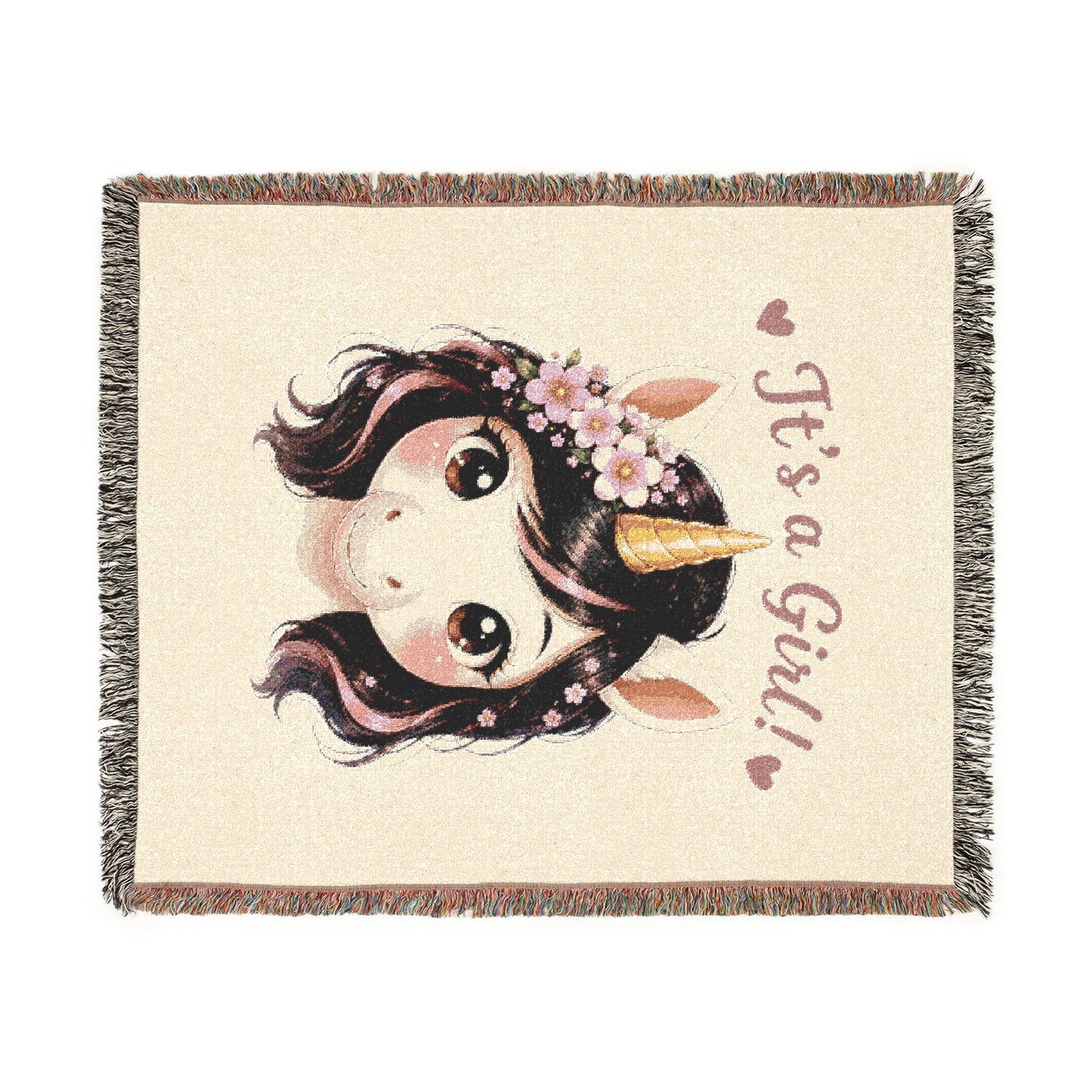 It is a girl Blossom Belle Unicorn 100% Cotton Woven Throw Blanket Original Artwork Heirloom Keepsake Fringe unicorns4everyone