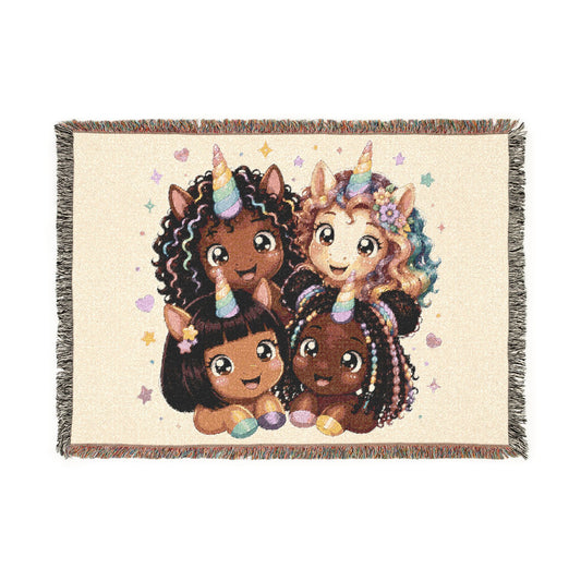 Magical Birthday Besties Unicorns4everyone Throw Blanket — Cute celebrate your heritage Black Unicorn Woven Fringe Blanket