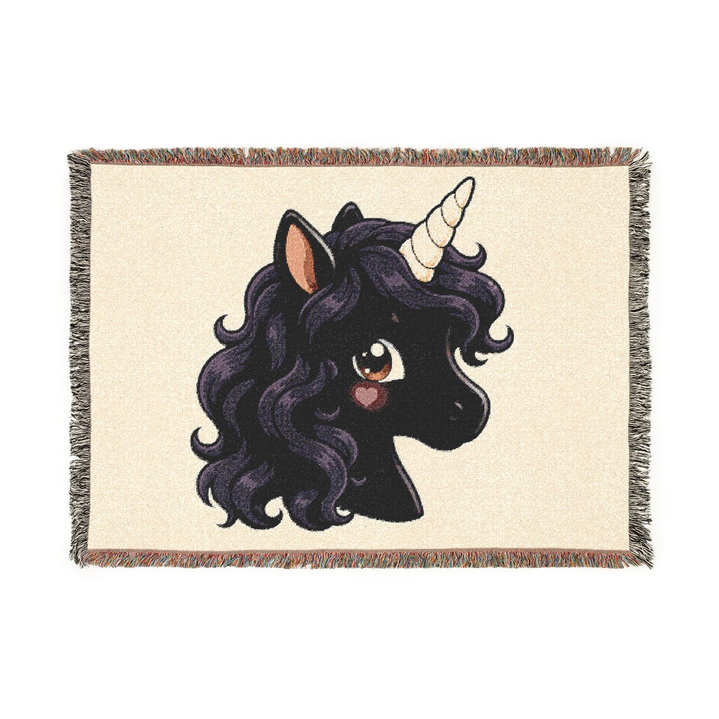 Luna Noir Uncorn 100% Cotton Woven Throw Blanket Original Artwork Heirloom Keepsake Woven Fringe Blanket unicorns4everyone