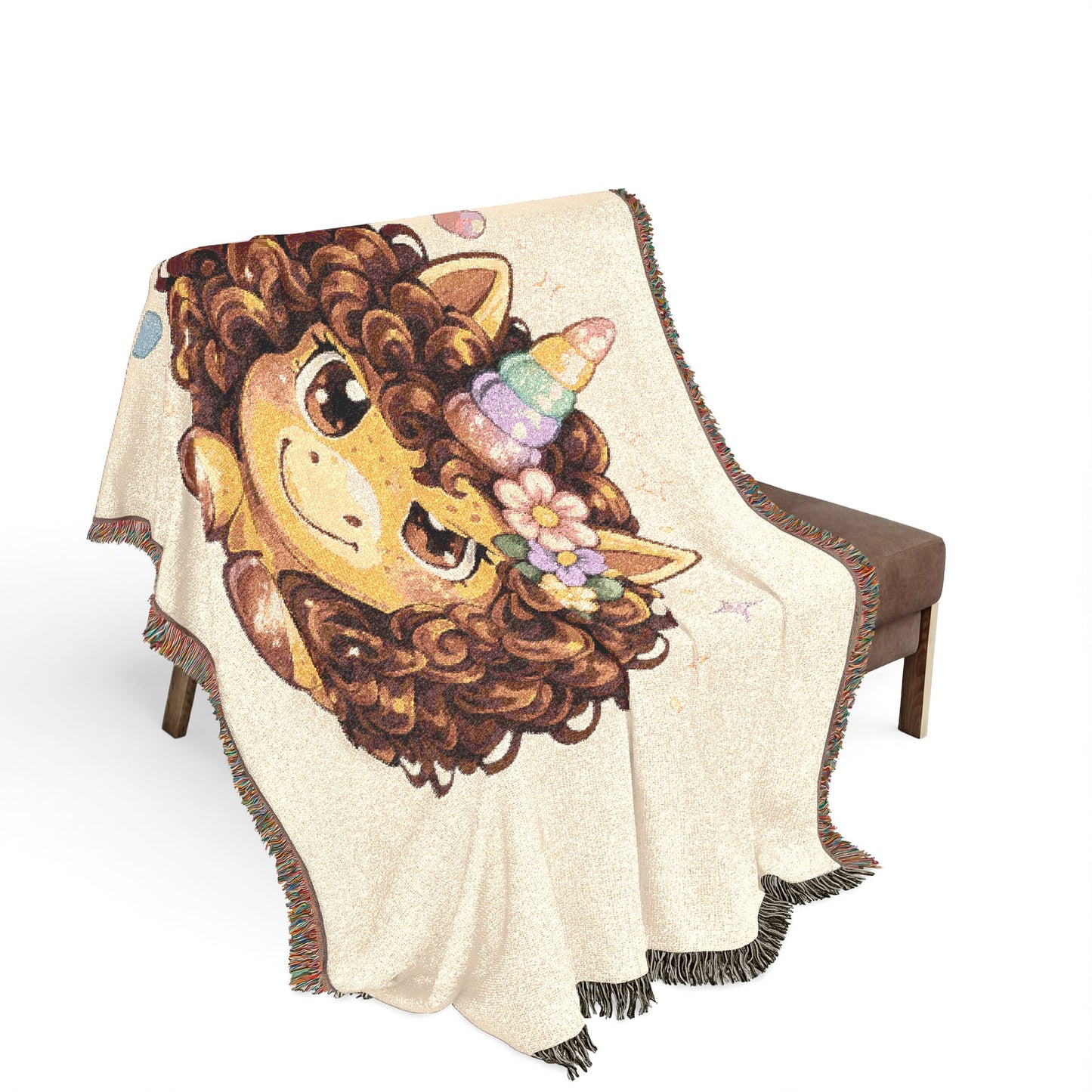 Curly Freckles Crystal Unicorn 100% Cotton Woven Throw Blanket Original Artwork Heirloom Keepsake Woven Fringe Blanket