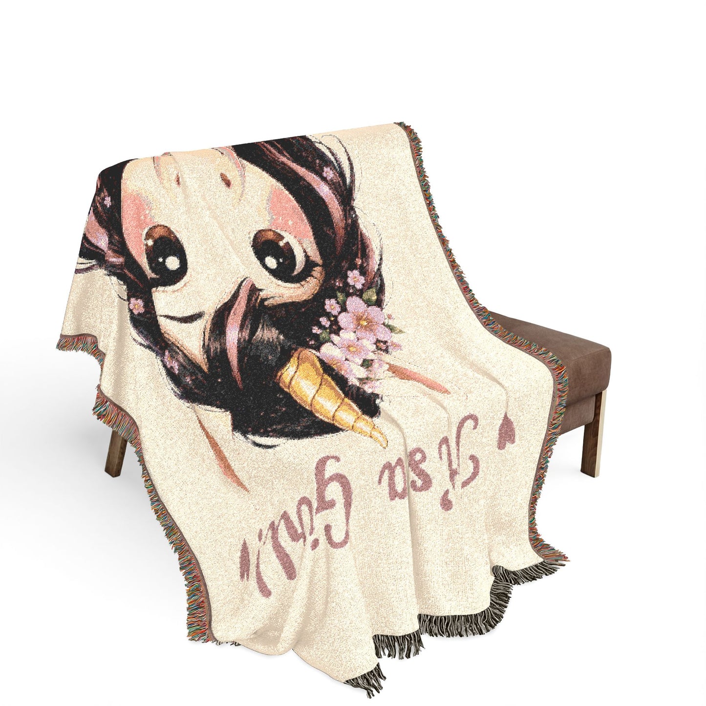 It is a girl Blossom Belle Unicorn 100% Cotton Woven Throw Blanket Original Artwork Heirloom Keepsake Fringe unicorns4everyone
