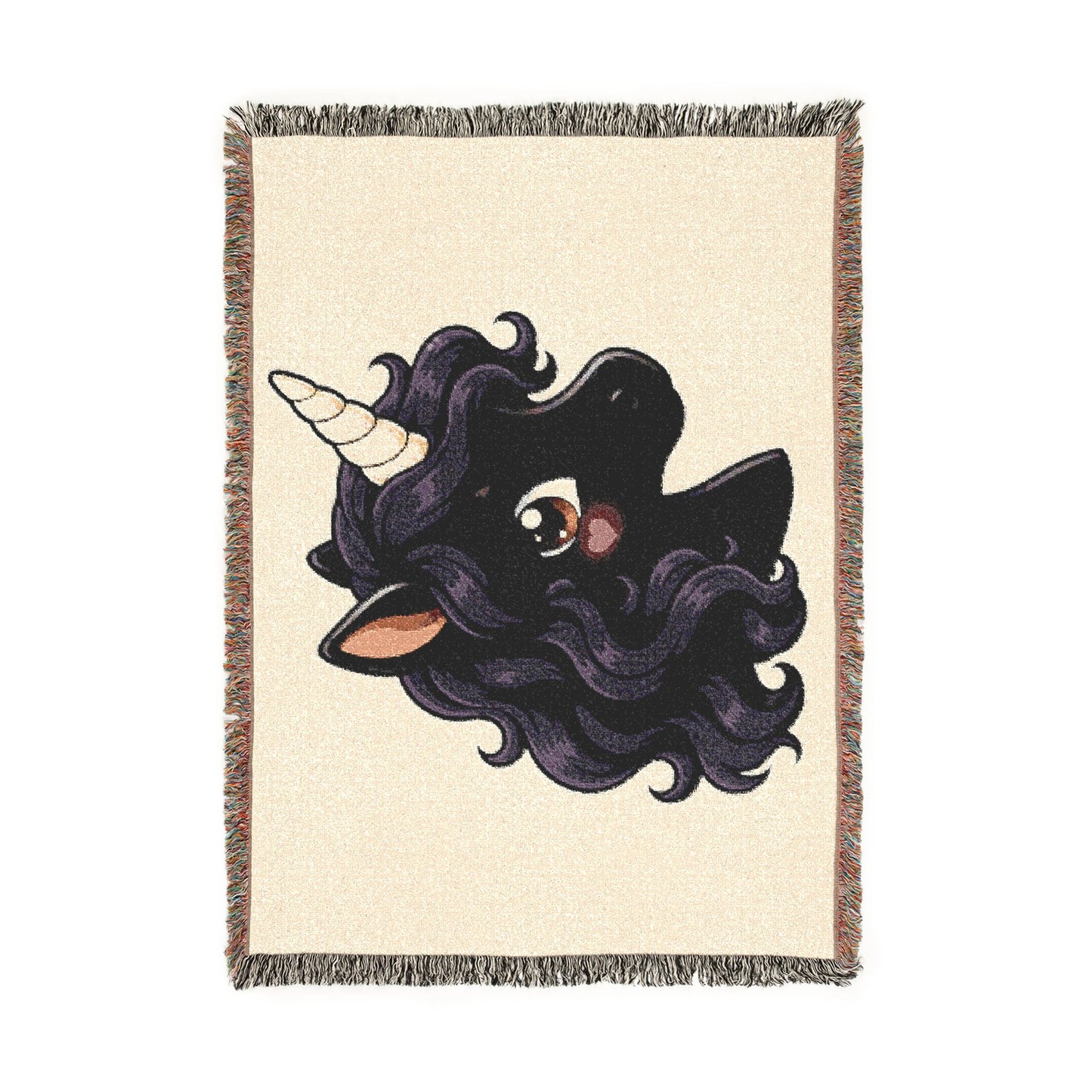 Luna Noir Uncorn 100% Cotton Woven Throw Blanket Original Artwork Heirloom Keepsake Woven Fringe Blanket unicorns4everyone
