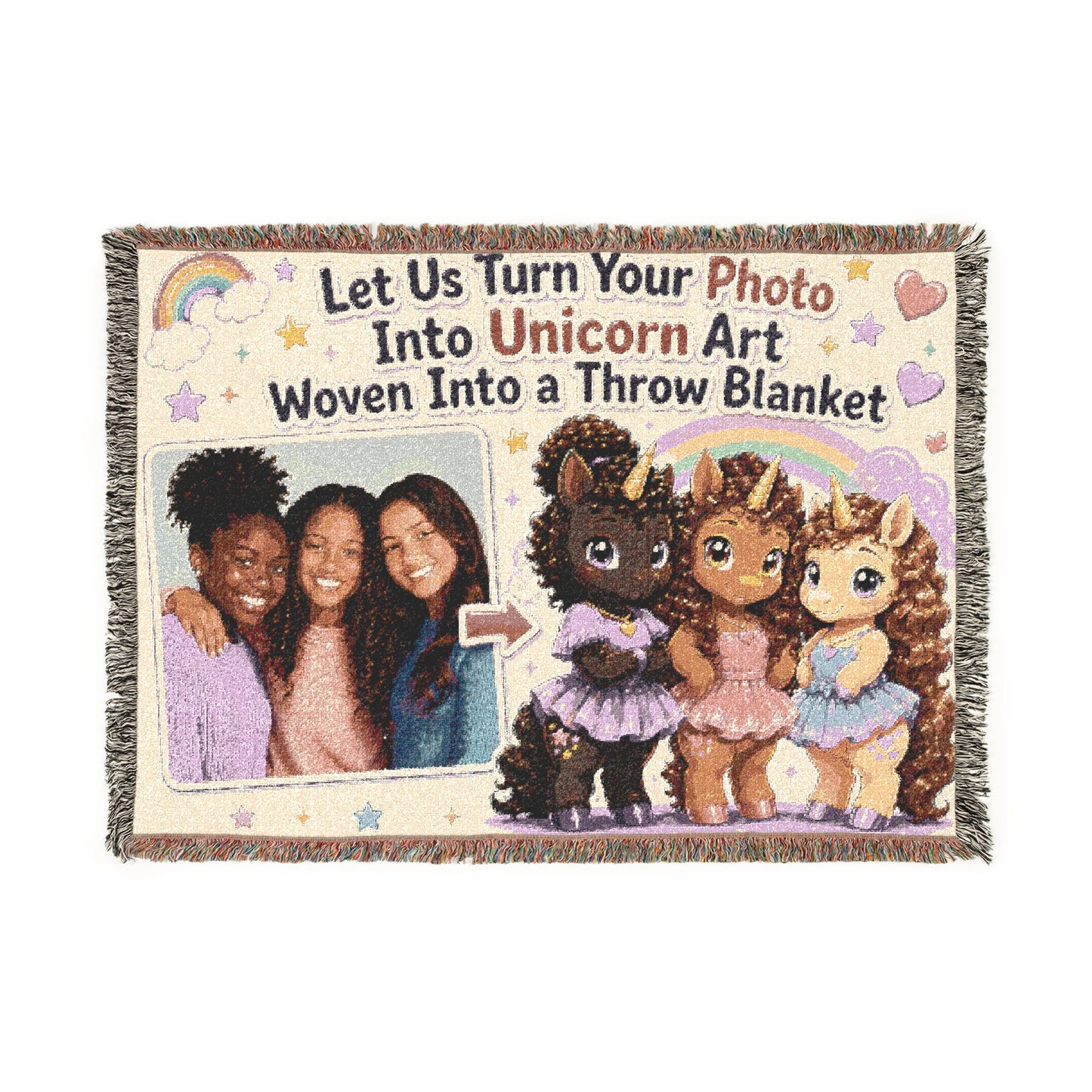 CUSTOM We Turn Your Photo Into a Unicorn Character Woven Into an Heirloom 100% Cotton Throw Blanket Keepsake