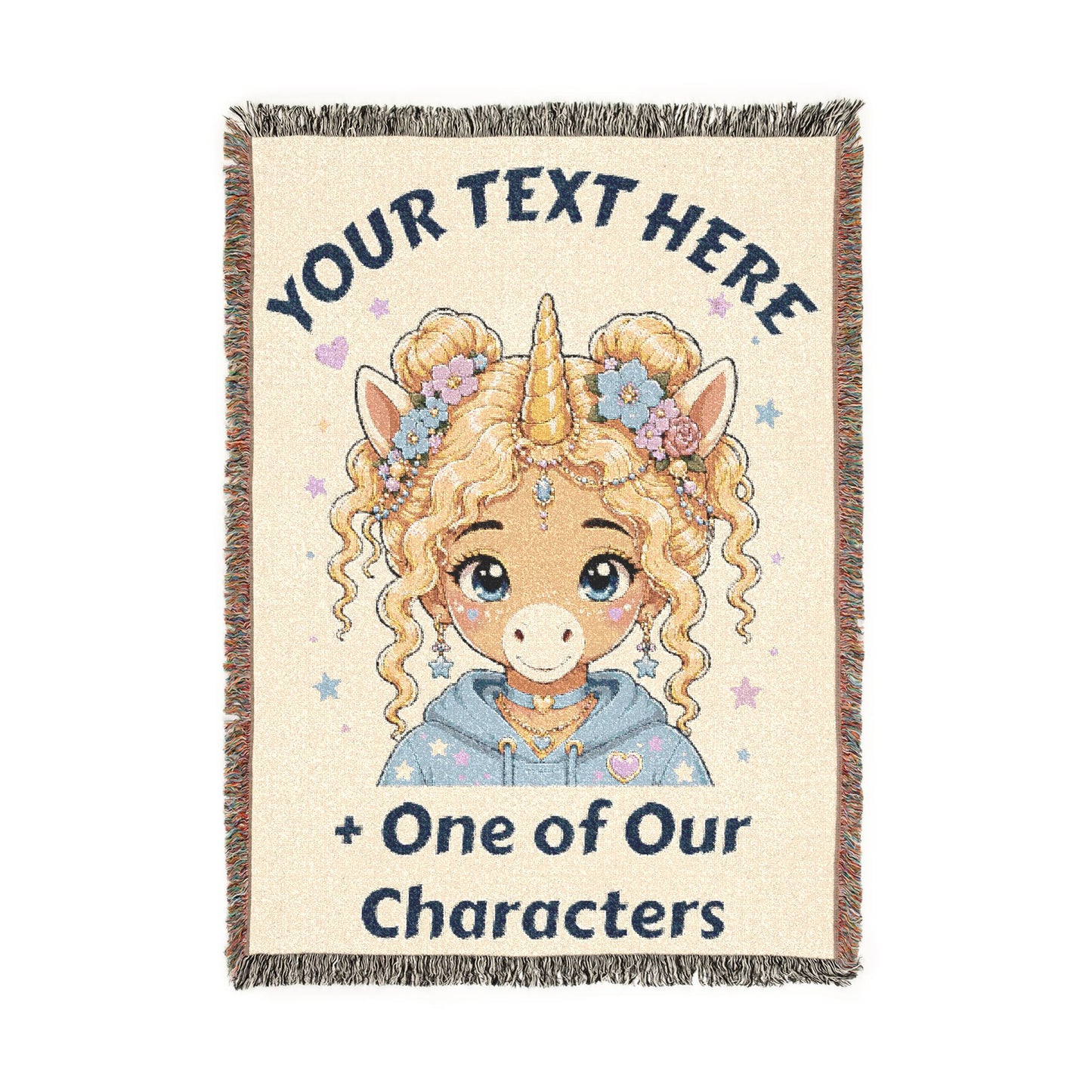 Personalized Text with One of Our Original Unicorn Characters on an Heirloom 100% Cotton Woven Throw  Keepsake
