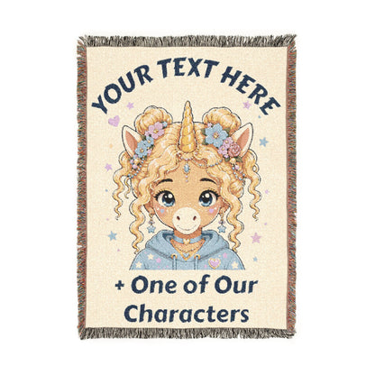 Personalized Text with One of Our Original Unicorn Characters on an Heirloom 100% Cotton Woven Throw  Keepsake