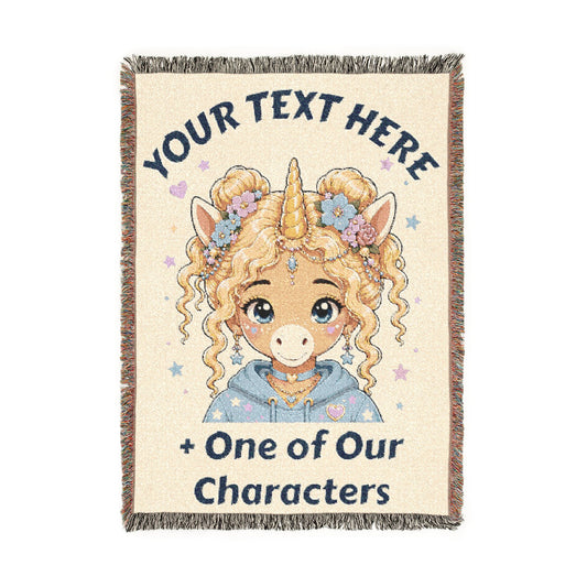 Personalized Text with One of Our Original Unicorn Characters on an Heirloom 100% Cotton Woven Throw  Keepsake