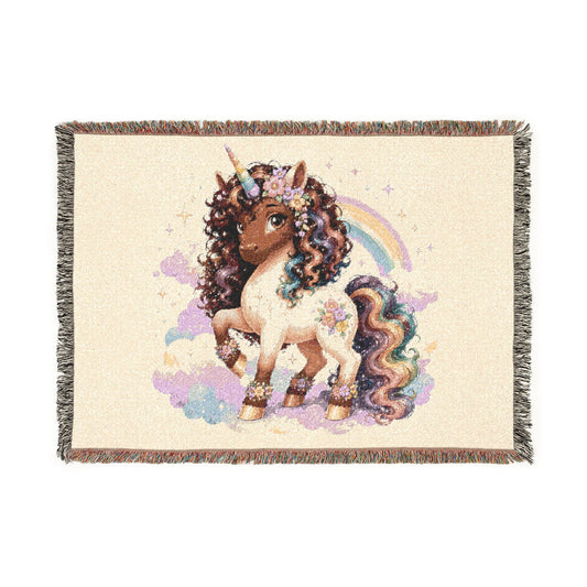 Vitiligo Rainbow Curls Unicorns4everyone Throw Blanket — Cute celebrate your heritage Black Unicorn Woven Fringe Blanket