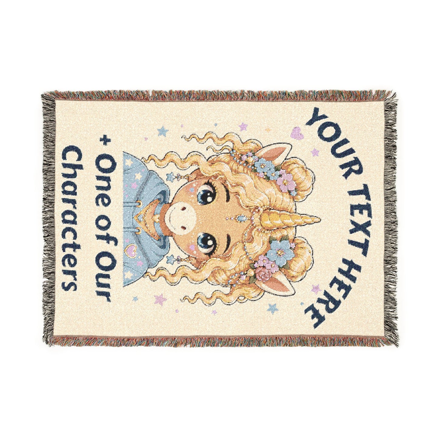 Personalized Text with One of Our Original Unicorn Characters on an Heirloom 100% Cotton Woven Throw  Keepsake