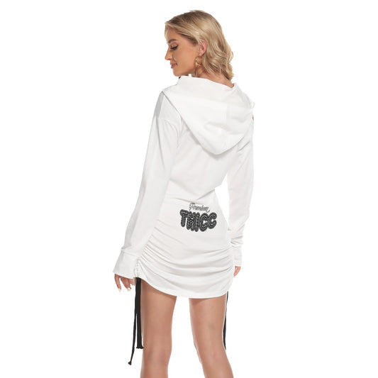 Polar White Off-One-shoulder Hoodie Dress With Waist Shirring by Premium Thicc