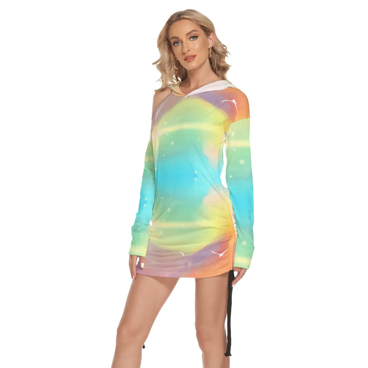 Flying Over the Rainbow Women's Off-One-shoulder Hoodie Dress With Waist Shirring by Premium Thicc