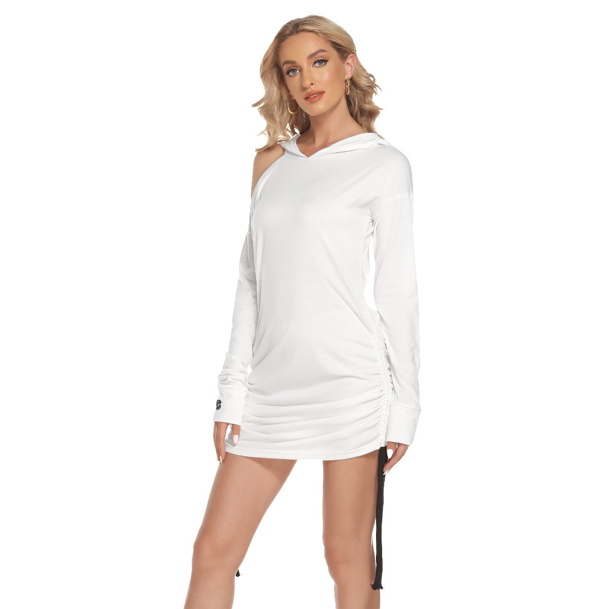 Polar White Off-One-shoulder Hoodie Dress With Waist Shirring by Premium Thicc