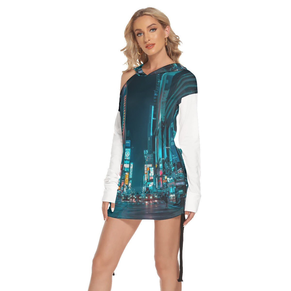 Street Racing Women's Off-One-shoulder Hoodie Dress With Waist Shirring by Premium Thicc