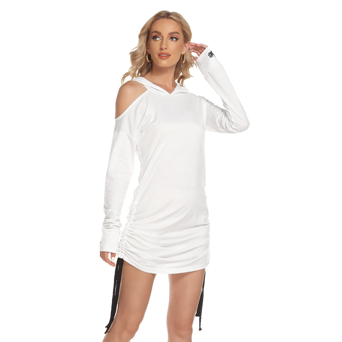 Polar White Off-One-shoulder Hoodie Dress With Waist Shirring by Premium Thicc
