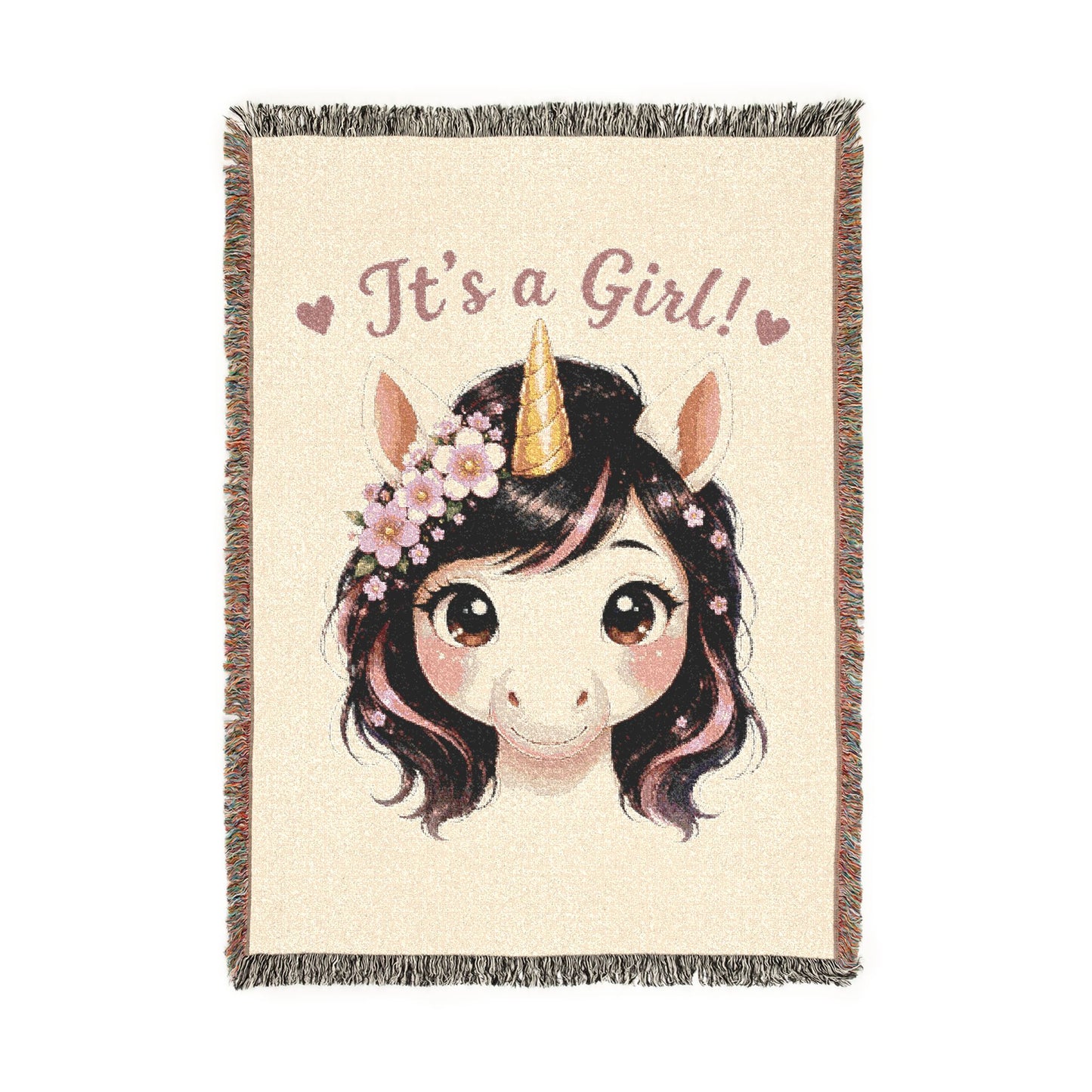 It is a girl Blossom Belle Unicorn 100% Cotton Woven Throw Blanket Original Artwork Heirloom Keepsake Fringe unicorns4everyone