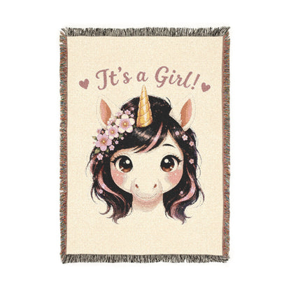 It is a girl Blossom Belle Unicorn 100% Cotton Woven Throw Blanket Original Artwork Heirloom Keepsake Fringe unicorns4everyone