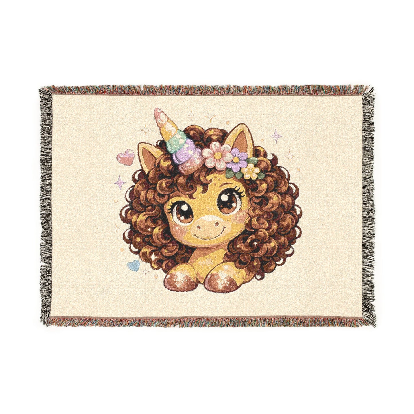 Curly Freckles Crystal Unicorn 100% Cotton Woven Throw Blanket Original Artwork Heirloom Keepsake Woven Fringe Blanket